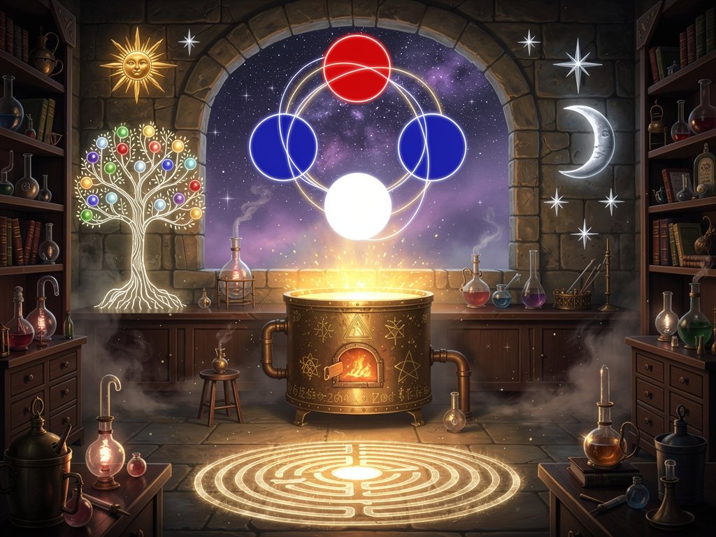 Illustration de l'alchimie spirituelle : un athanor rayonnant entouré des symboles du Soufre, du Mercure et du Sel, avec un arbre de vie et un labyrinthe en arrière-plan.