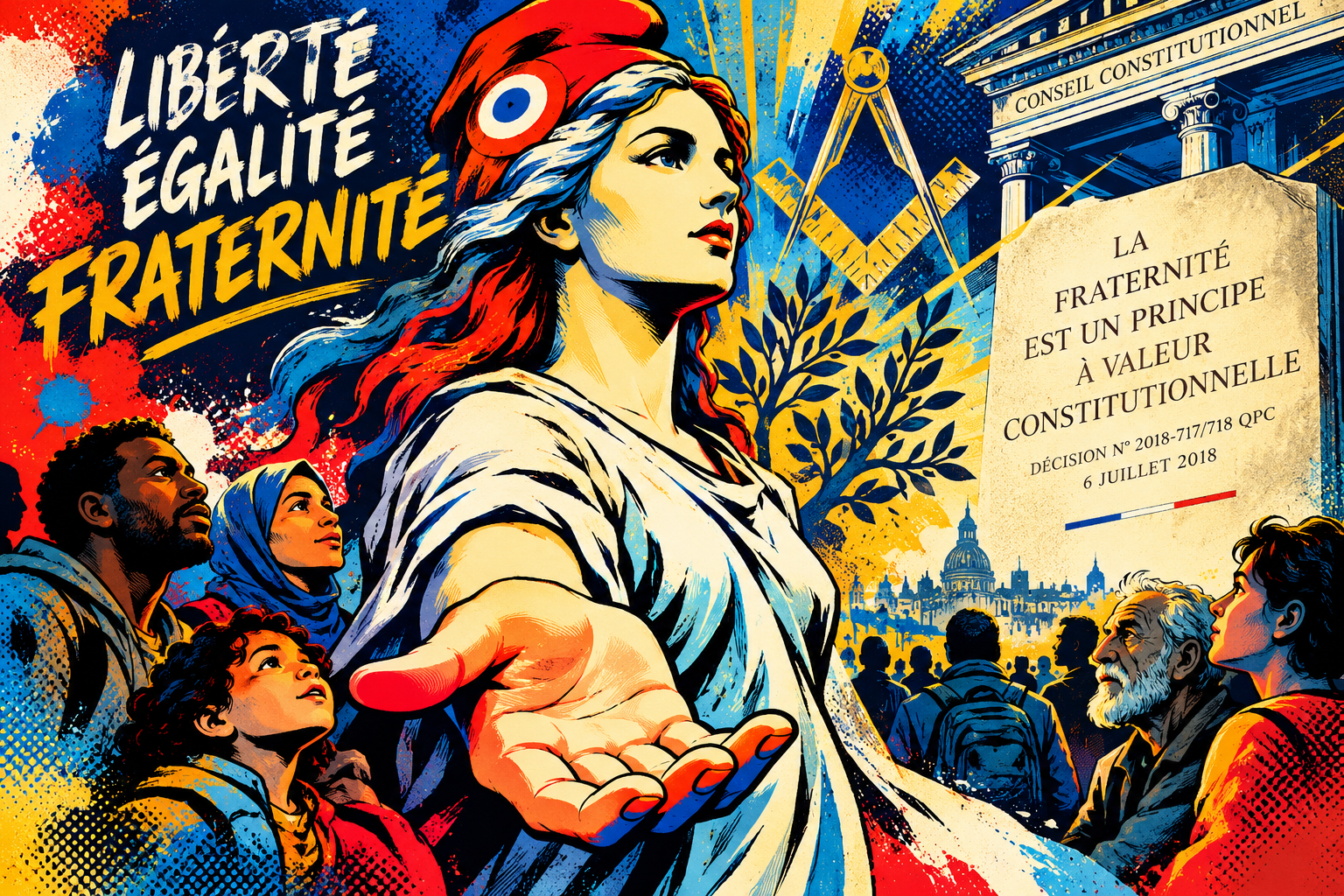 Illustration pop art de la fraternité, de Marianne et du Conseil constitutionnel