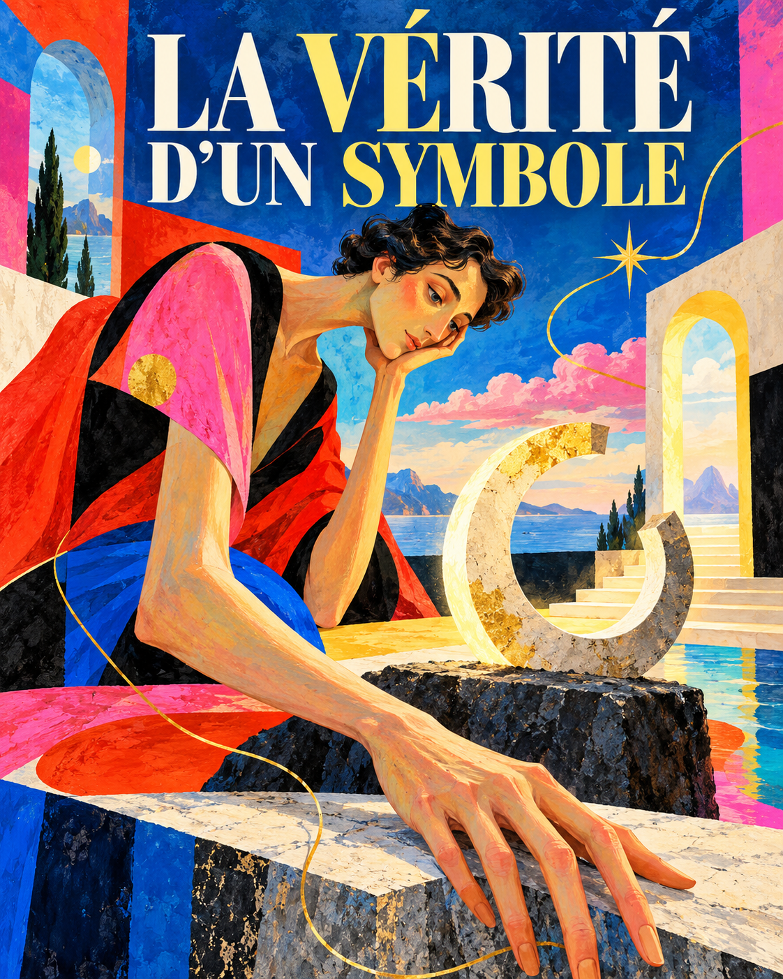Personnage contemplatif aux bras démesurément allongés devant une forme symbolique et un passage lumineux